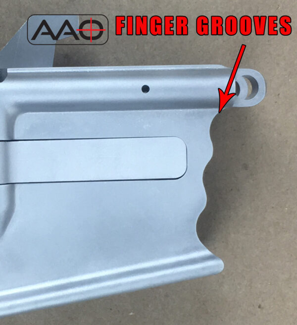 Finger Groove Close up - AAO - 100% - Glock 9mm Magazine with Last Round Bold Hold Open LRBHO - AR15 Lower Receiver Finger Groove Front - Raw (A15-GLFG-100)